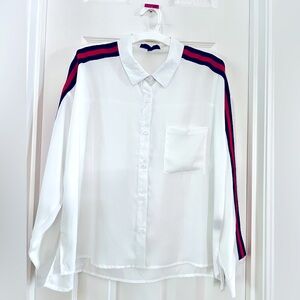Purple Rain, White Button Down Blouse with Contrast Grosgrain Navy & Red Stripe.